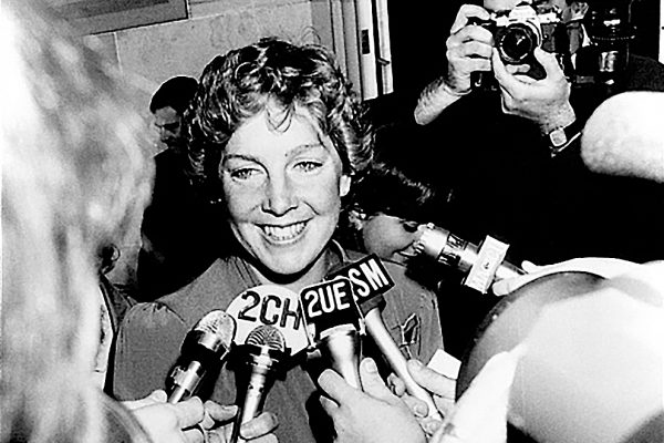 Olympic swimmer, Michelle Ford is mobbed by waiting media at government house today after receiving her OBE for service to the sport of swimming. May 03, 1984. (Photo by Trevor James Robert Dallen/Fairfax Media via Getty Images).